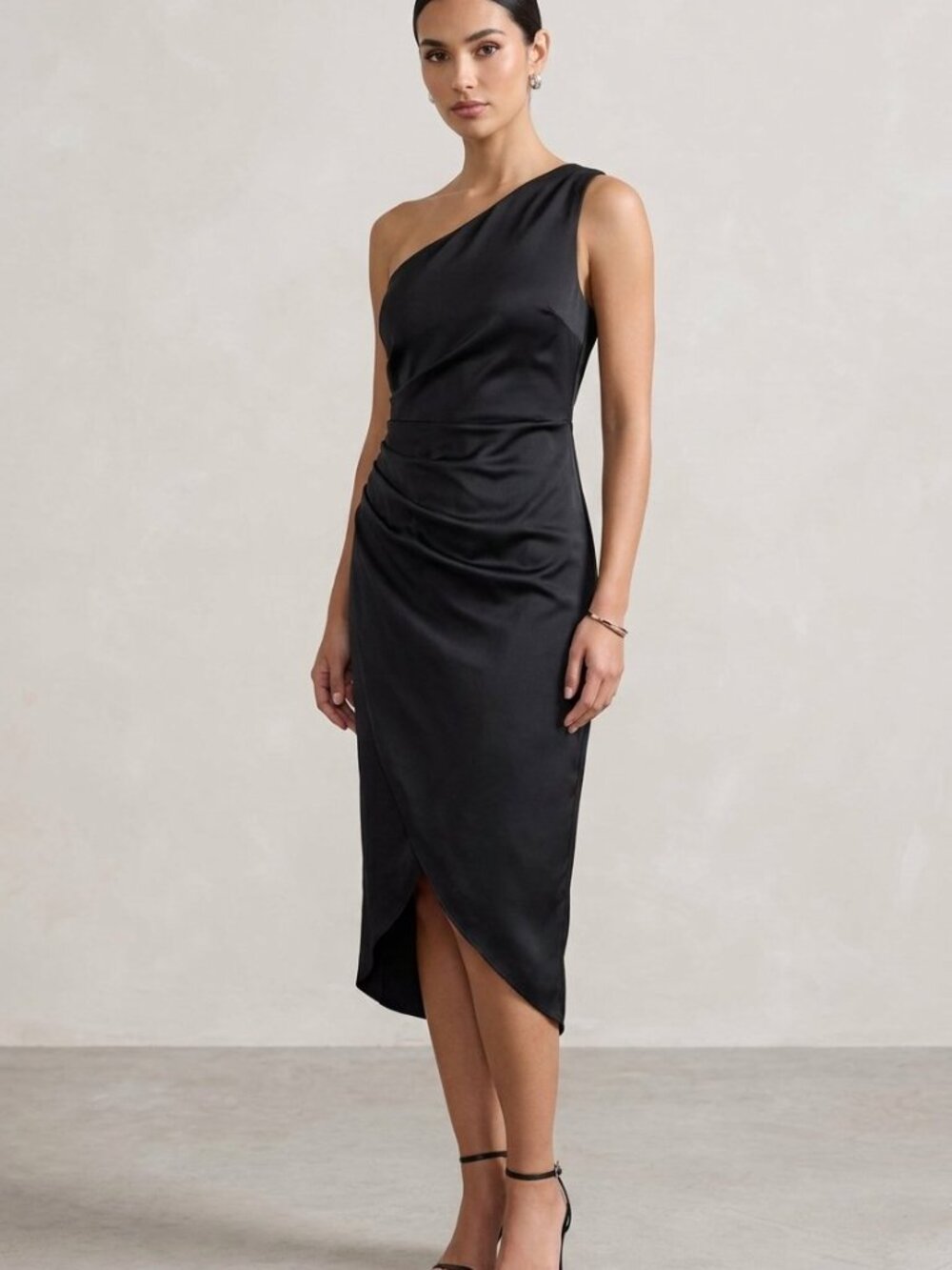 Banana Republic Factory Black Satin One-Shoulder Ruched Midi Dress NWT | Size 6